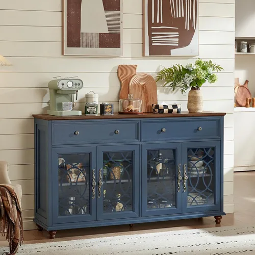 Miniatura 8 de Joaxswe Aparador de estilo rústico con almacenamiento, credenza grande de 59 pulgadas con 4 puertas de vidrio y 2 cajones, estantes ajustables, mesa