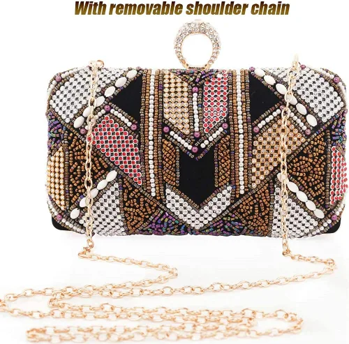 Miniatura 2 de Embragues para mujer Bolso de noche con cuentas de colores Bolso de diamantes de imitación Monederos de pelusa Bolsos de boda (negro), Negro