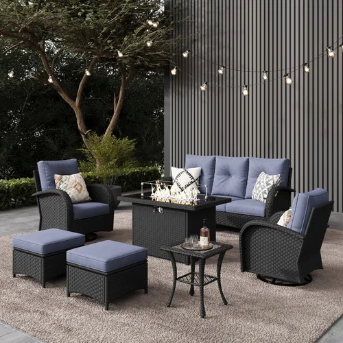 Miniatura 19 de LayinSun - Juego de 10 piezas de muebles seccionales de patio para el aire libre con mesa para fogata, juegos de sillas giratorias reclinables