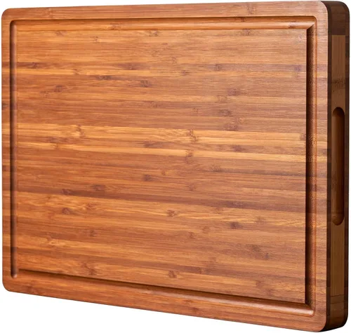 Miniatura 7 de Tablas de cortar de bambú de 24 x 18 pulgadas, bandeja para servir queso charcutería XXL con asas y ranuras para jugos, estructura sólida, delgada