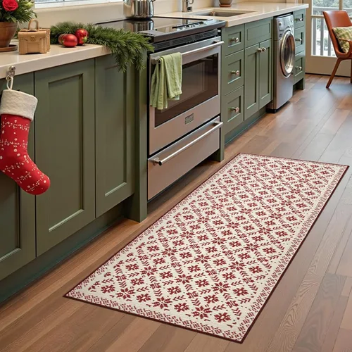 jinchan – Alfombra de camino navideña 2x5 para cocina, pasillo y baño; roja con copos de nieve, decoración navideña, lavable, antideslizante, para