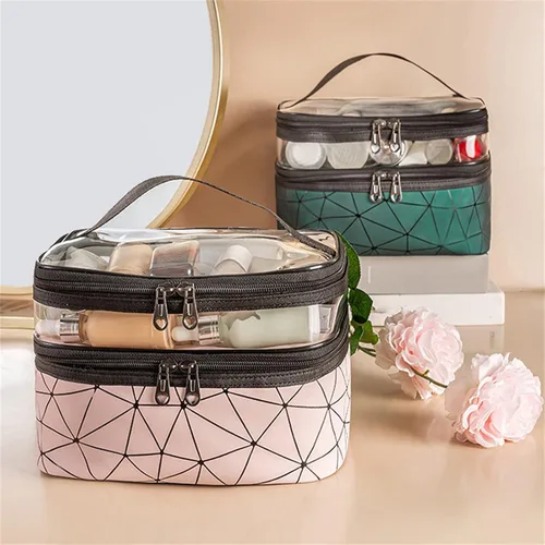 Miniatura 7 de Estuche de viaje de maquillaje de leopardo Bolsas de maquillaje de doble capa Estuches cosméticos de viaje Maquillaje Organizador Bolsas de aseo