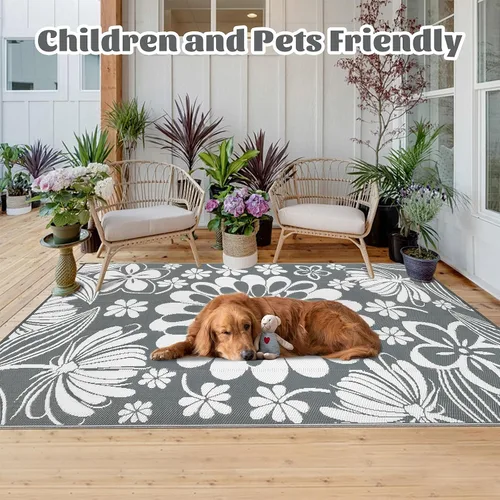 Miniatura 2 de Ileading Alfombra de paja de plástico para exteriores, 5 x 8 pies, divertido estilo floral, reversible, impermeable, no se desprende, alfombras