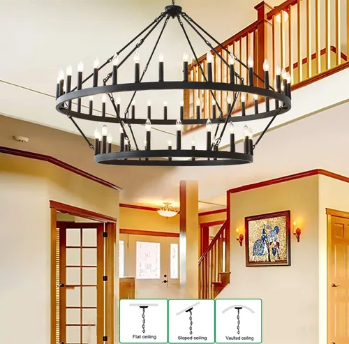 Miniatura 3 de Candelabro grande de 60 pulgadas de rueda de vagón negro, lámpara colgante redonda de 54 luces de 2 niveles estilo industrial de granja para porche