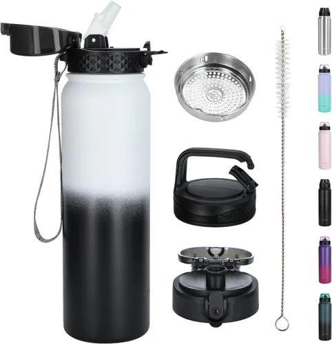 Miniatura 30 de Oldley Botella de Agua Aislada con Pajilla de 20oz, Botellas de Agua de Acero Inoxidable con 3 Tapas, Aislamiento al Vacío de Doble Pared Térmica