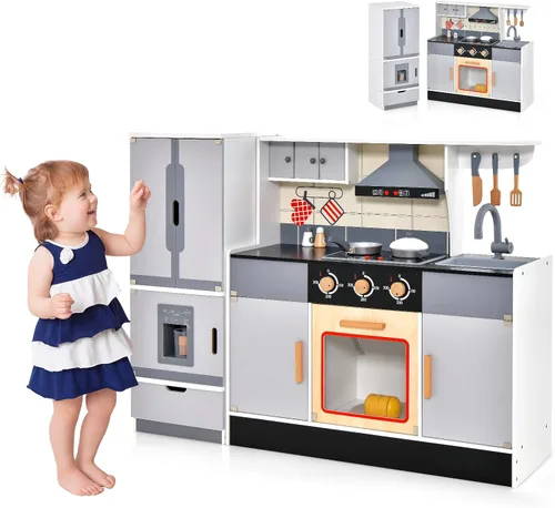 Costzon Cocina de juego de 2 piezas, juego de cocina de juguete de madera con refrigerador, máquina de hielo, campana extractora, horno de