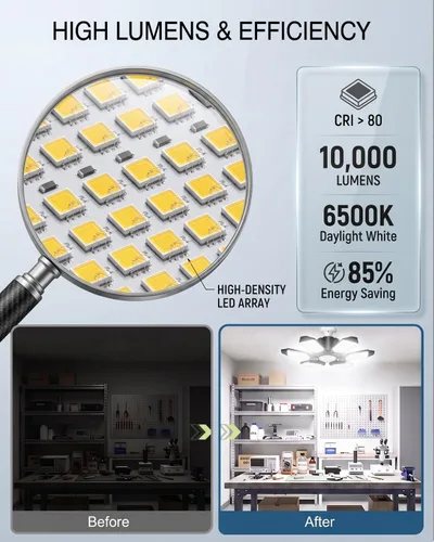 Miniatura 5 de BRAINIAC Bombillas LED de garaje de 100 W con 6 paneles ajustables, E26/E27 tornillo de enchufe, luz LED de techo de garaje deformable para almacén