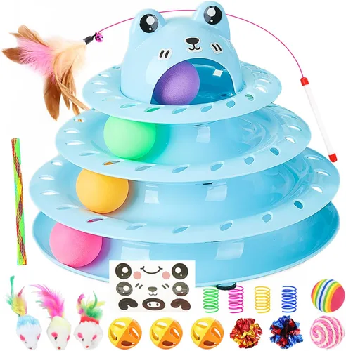 Miniatura 9 de Juguetes para gatos, pista de bola giratoria de 4 niveles, juguete interactivo para gatos de interior, rodillo divertido con bola giratoria Azul