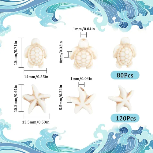 Miniatura 2 de SUNNYCLUE 1 caja de 200 cuentas de tortuga blancas de estrellas de mar a granel sintéticas turquesas tortugas cuentas verano mar océano animal
