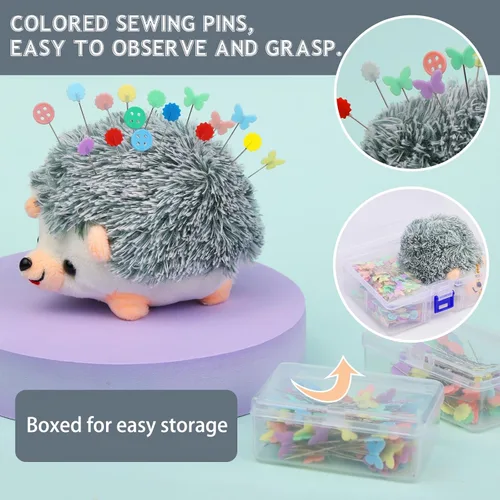 Miniatura 3 de Fteven Juego de 400 alfileres rectos de cabeza plana para erizo, lindo alfiler con caja de almacenamiento transparente y alfileres de acolchado, 400