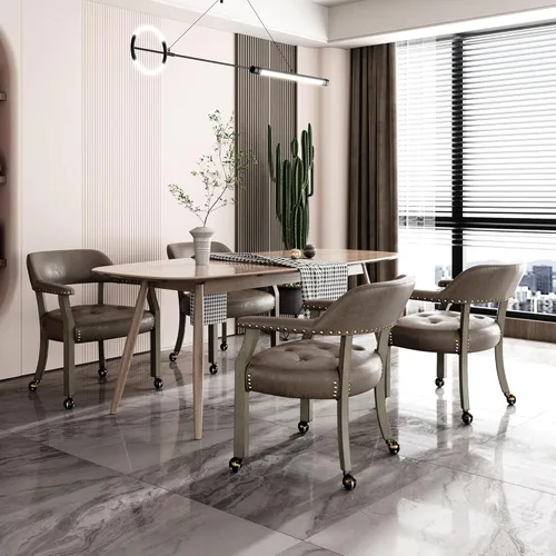 Miniatura 54 de Juego de 8 sillas de cuero de comedor con ruedas y brazos, silla de capitán Accent con ruedas, sillas de madera con ruedas enrollables para cocina
