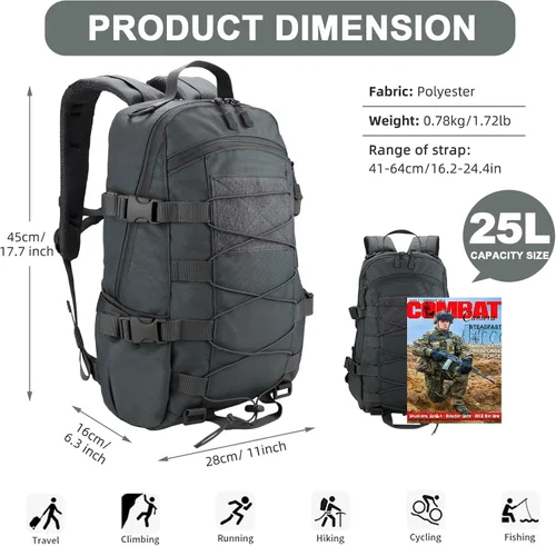 Miniatura 3 de Mochila táctica pequeña de 25 litros para senderismo, camping, senderismo, caza, paquete Molle para hombres y mujeres, gris