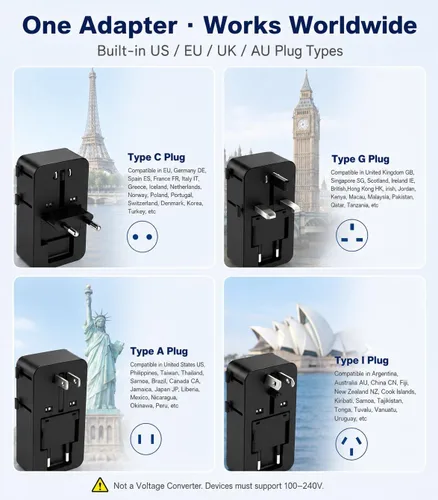 Miniatura 7 de Jasput Adaptador de viaje universal de 25 W, mini adaptador ultrafino con 2 USB-C y 1 USB-A, carga rápida para teléfonos inteligentes, tabletas