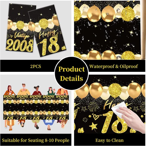Miniatura 3 de Uiorgui 2 piezas mantel de cumpleaños número 18, mantel de cumpleaños número 18 negro dorado para niños y niñas, mantel de plástico rectangular