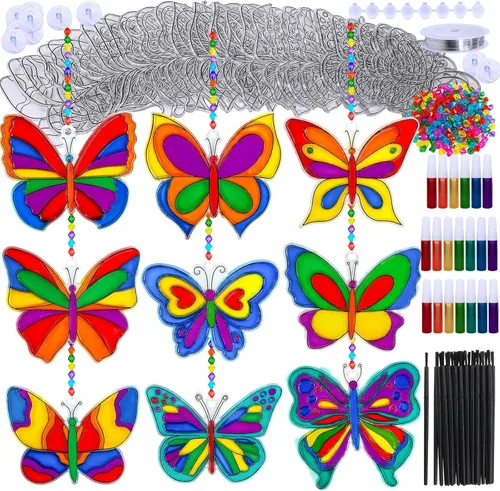 Winlyn 27 juegos de adornos de atrapasoles de mariposa, decoración de pintura de ventana, arte para atrapasoles, arco iris, mariposa, pintura, kits