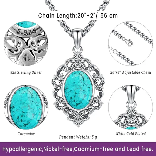 Miniatura 26 de Joyas de turquesa para mujeres y hombres de plata de ley 925 con colgante de urna para cenizas, collar con medallón de imagen, martillo de Thor