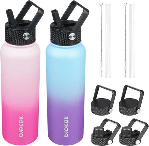 Miniatura 13 de BJPKPK Paquete de 2 botellas de agua aisladas con tapas con pajita, botella de agua de metal de acero inoxidable de 18oz con 6 tapas, jarras a