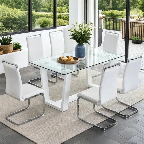 Miniatura 12 de Ebullient - Juego de mesa de comedor de cristal para 4, juego de mesa de comedor moderno para 4, tablero de vidrio templado con patas trapezoidales