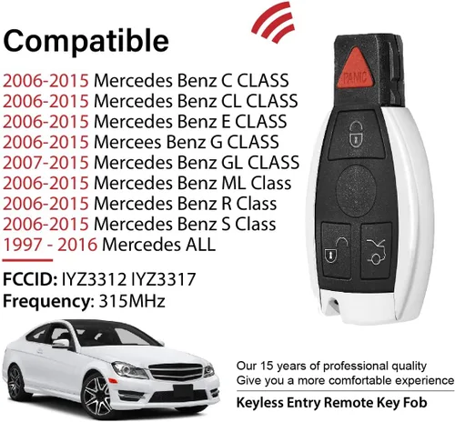 Miniatura 2 de Repuesto para Mercedes Benz 1997-2016 All C CL E G GL ML R S Class Key Fob Control remoto IYZ3312 IYZ3317 315MHz 4 botones, negro