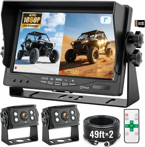 Sistema de cámara de respaldo con 2 cables de 7 pulgadas, cámara de visión trasera DVR de doble pantalla, IP69 impermeable visión nocturna IR, 20G a