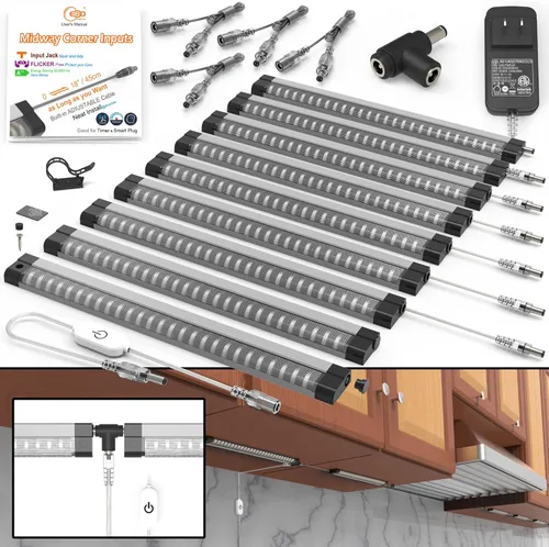 Miniatura 14 de EBD Luces LED Bajo Gabinete Cableadas Incorporadas Cable Ajustable Entrada Intermedia Luces Bajo Mostrador para Fregadero de Cocina 9 Pcs 4050 Lm