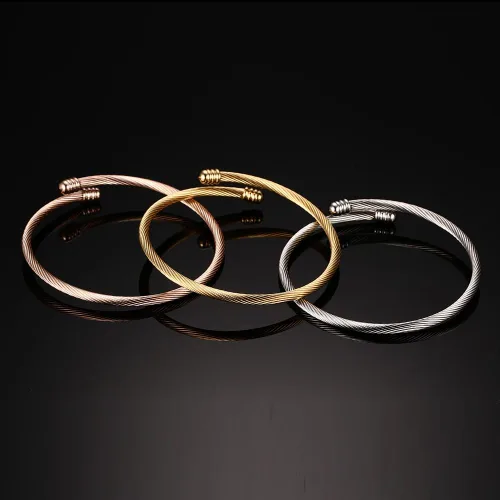 Miniatura 3 de Brazalete trenzado de acero inoxidable triple 3 con alambre de cable apilable para mujer, ororosaplata, Acero inoxidable
