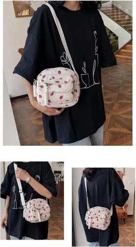 Miniatura 2 de Bolso cruzado de pana de fresa para mujeres y niñas, bonito bolso de mano con diseño de fresa, bolso de mensajero pequeño, bolso de hombro