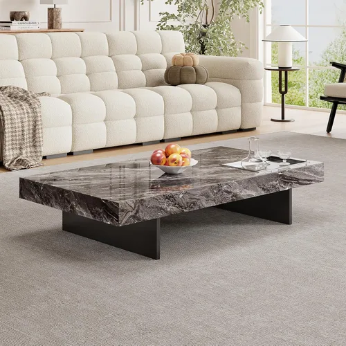 Miniatura 8 de Mesa auxiliar rectangular de mármol de 51.18 pulgadas, parte superior de piedra sinterizada gris moderna con base de metal negro, mesa central