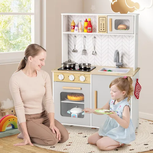 Miniatura 8 de Costzon Juego de cocina para niños, cocina de madera con luces y sonidos, estufas, fregadero, grifo, microondas, horno y accesorios de cocina, juego