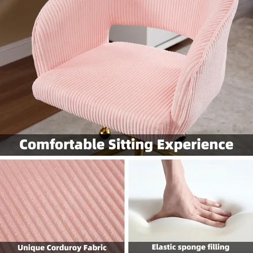 Miniatura 4 de Sillas de escritorio para oficina en casa Westice, silla moderna de corduroy con ruedas, silla giratoria ajustable en altura con base dorada