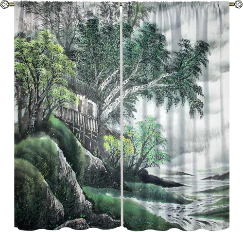 Miniatura 15 de Cortina asiática, flor de cerezo japonés, montañas brumosas de ciruelo rojo asiático, pintura de tinta tradicional, paisaje chino oriental