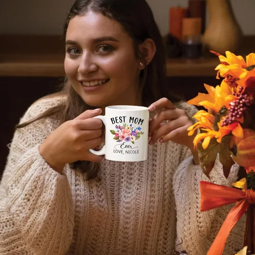 Miniatura 4 de Taza de café con nombre personalizado "Best Mom Ever", regalos para cumpleaños, regalos de niños, taza de café floral personalizada, regalo
