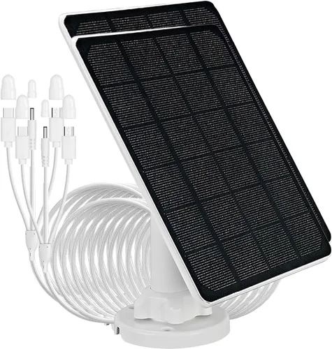 Panel solar de 3 W para cámara de seguridad con micorUSB/Tipo-C/DC3513 Tres tipos de conectores. IP65 impermeable, cable de carga de 9.8 ft,