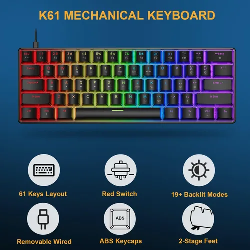 Miniatura 3 de BlueFinger Combo de teclado y mouse mecánicos para juegos 60% – Teclado RGB con retroiluminación arcoíris de 61 teclas con interruptor rojo y 4 DPI