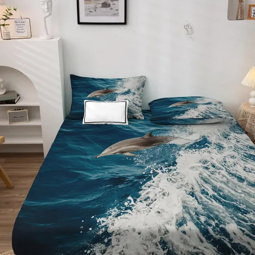 Miniatura 2 de Dolphin Sheets - Juego de sábanas de 4 piezas con estampado de animales marinos ondulados, sábanas y fundas de almohada, sábana bajera ajustable