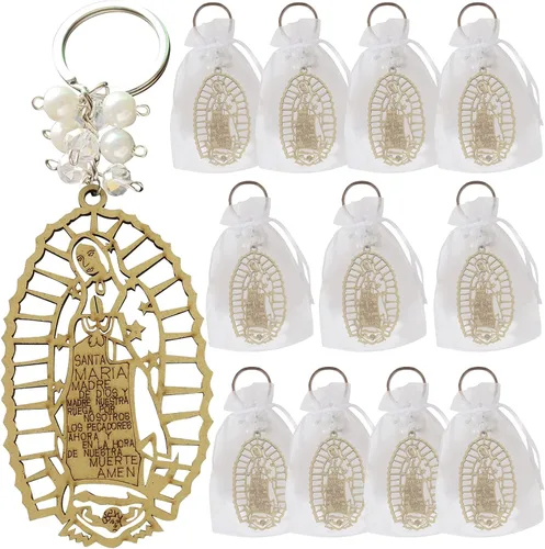12 llaveros de Nuestra Señora de Guadalupe con bolsas de regalo Bautizo Recuerdo Marrón, Marrón