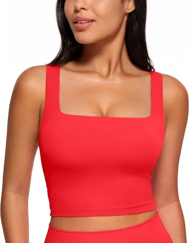 Miniatura 25 de CRZ YOGA Butterluxe Brasier deportivo de cuello cuadrado para mujer, estilo camiseta corta sin mangas, acolchado con soporte integrado para yoga