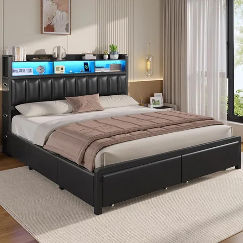Miniatura 8 de ADORNEVE Base de cama tamaño King con 10 cajones de almacenamiento y cabecera tipo estantería RGB, cama King tapizada en PU con estación de carga