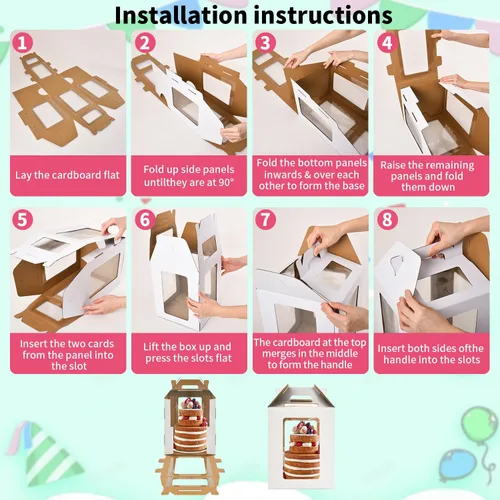 Miniatura 5 de XININSUN Cajas altas para pasteles con 6 ventanas, 12 x 12 x 14 pulgadas Transportador de pasteles altos, Caja para pasteles escalonados, Caja