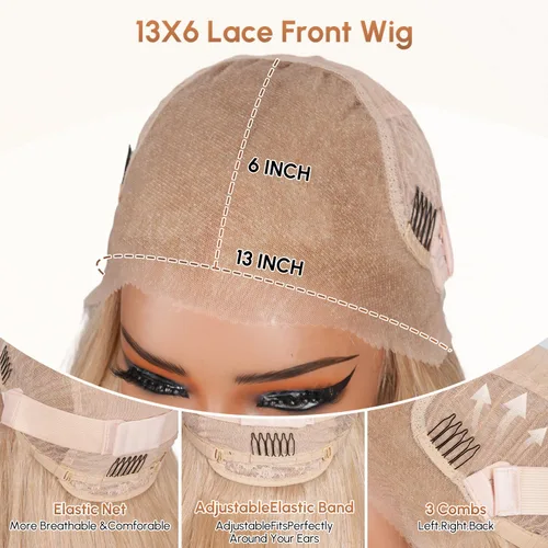 Miniatura 5 de Peluca de cabello sintético rubio de 13 x 6, con encaje frontal, sin pegamento, ondulado, rubio prearrancado, encaje transparente HD, transpirable