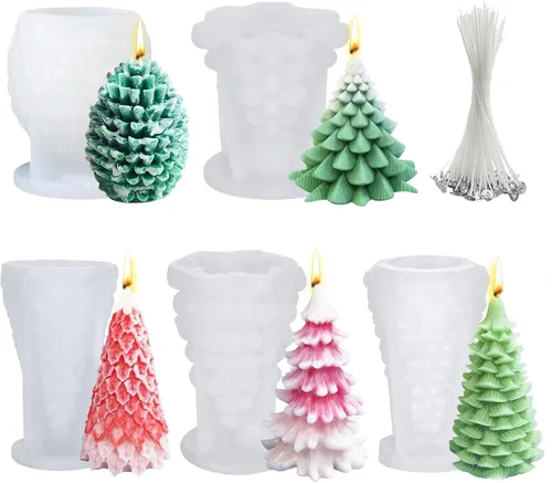 MGLIFEUL 5 piezas molde de silicona 3D de árbol de Navidad y piña para velas, jabón, resina epoxi y cera, formas de silicona, molde de árbol de
