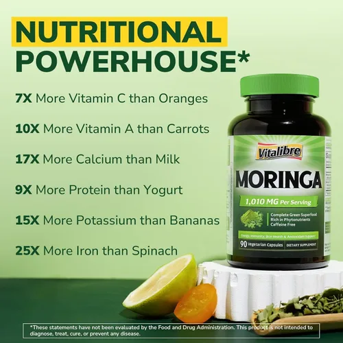 Miniatura 4 de Vitalibre Moringa 1,010 mg, potencia máxima, superalimento verde completo, rico en antioxidantes, sin gluten ni cafeína, sin OMG, energía, inmune