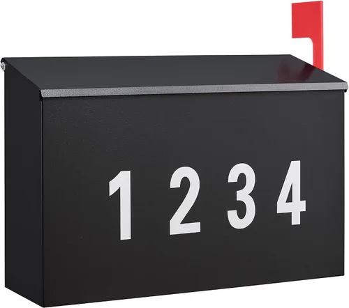 LAND·VOI Buzón de pared con un kit de bandera y tres juegos de calcomanías de números de buzón de 0 a 9, buzones para exterior, buzón de metal