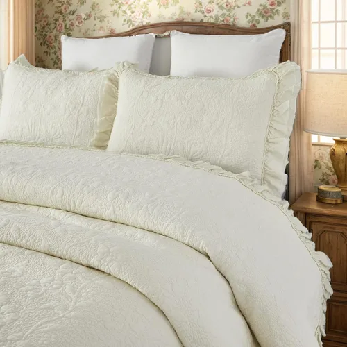 Miniatura 10 de Brandream Juego de Edredón Tamaño Queen de Algodón Beige con Estampado Floral y Enredaderas Matelassé Juego de Colcha con Volantes 3 Piezas