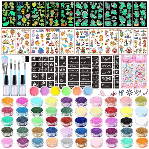 TEUVO Kit de tatuaje con purpurina para niños con polvo de purpurina de 50 colores, 132 plantillas, 10 calcomanías luminosas, 6 polvos que brillan
