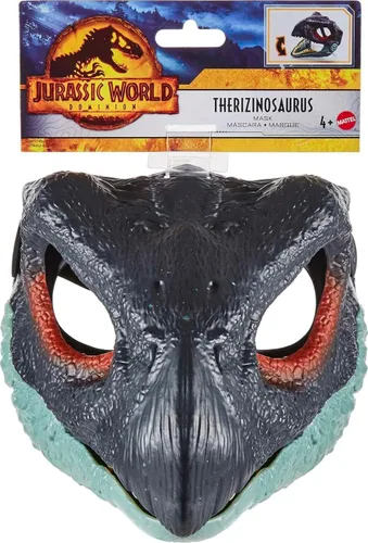 Miniatura 6 de Mattel Jurassic World Dominion Máscara de dinosaurio, juguete de dinosaurio Therizinosaurus y accesorio de disfraz con mandíbula de apertura