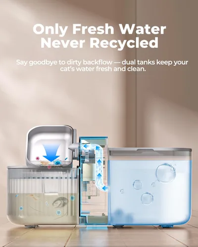 Miniatura 2 de Invengo Fuente de agua inalámbrica para gatos sin filtro, fuente de acero inoxidable de 3.5 litros para gatos y perros, separación de aguas