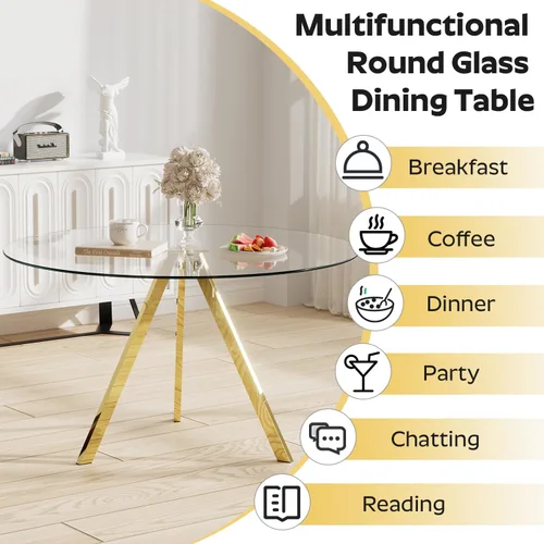 Miniatura 5 de Juego de mesa de comedor circular de vidrio de 39 pulgadas para 4, mesa de comedor redonda pequeña y 4 sillas tapizadas, moderno juego de mesa