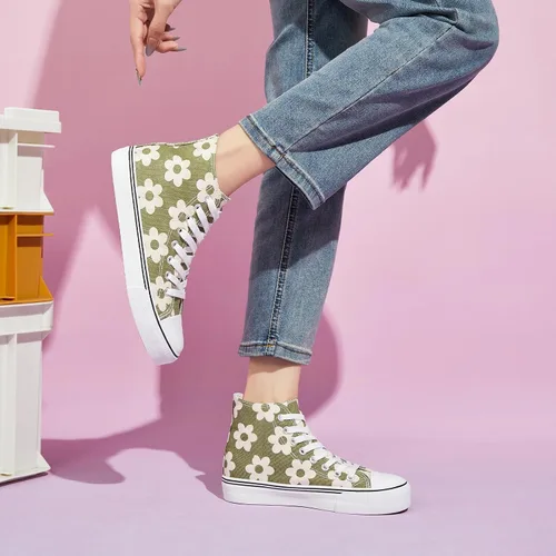 Miniatura 6 de kufeiti Zapatillas de lona altas para mujer, zapatos de lona con cordones, zapatillas blancas y negras, zapatos casuales para caminar