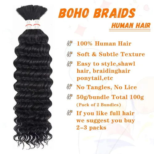 Miniatura 2 de Cabello humano para trenzar, ondulado profundo, cabello humano a granel para trenzar, sin trama, cabello humano húmedo y ondulado, extensiones
